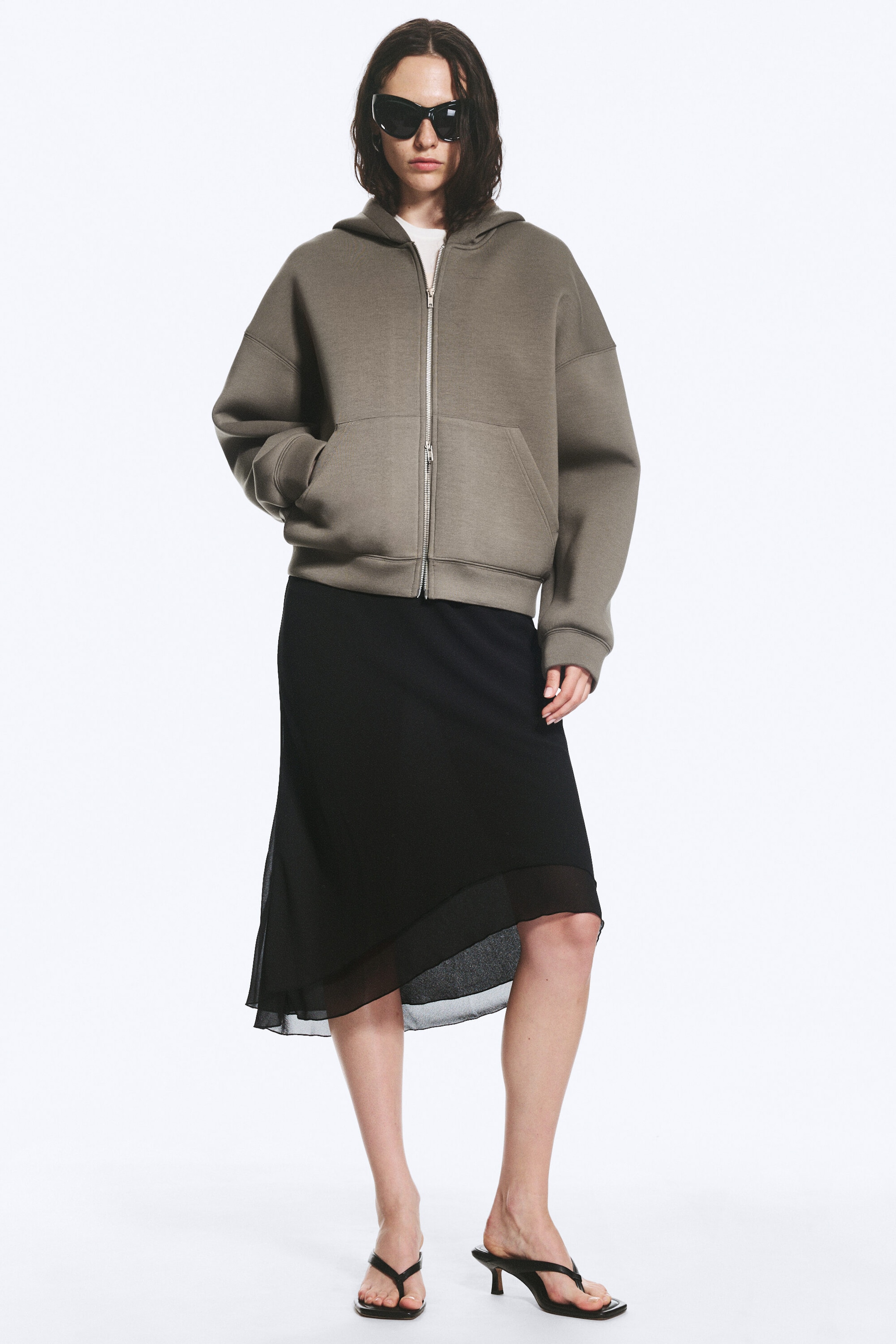 Khaki Grey - Sweat à capuche zippé oversize en scuba - 2
