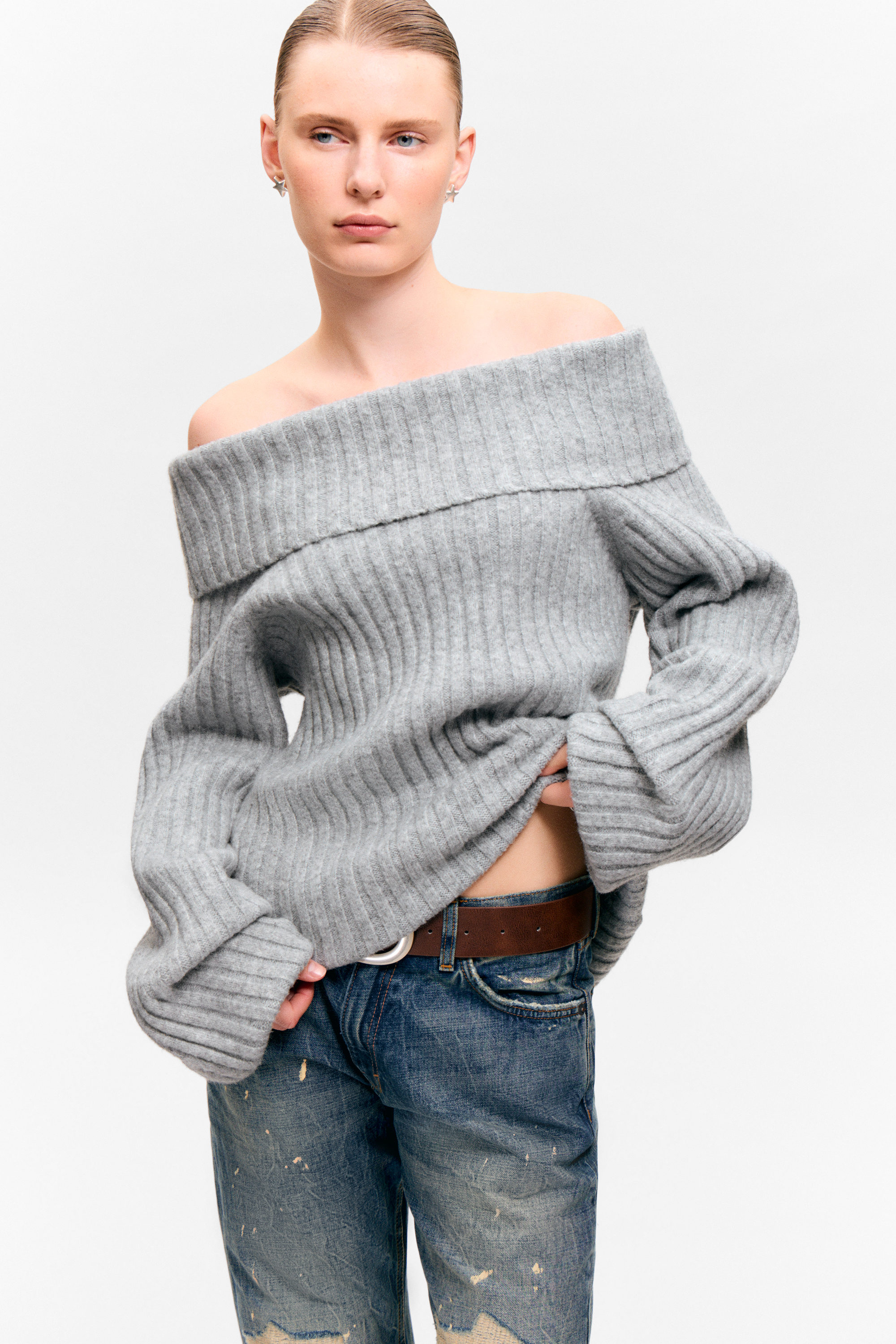 Grey Melange - Off-Shoulder Ribbed Knitted Sweater - 1