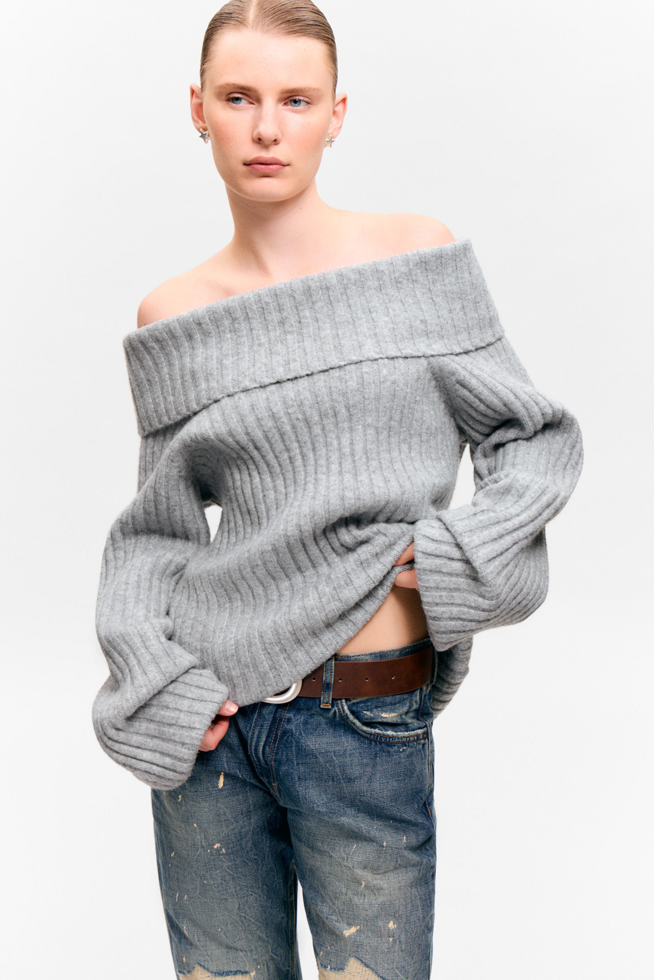 Grey Melange - Off-Shoulder Ribbed Knitted Sweater - 1