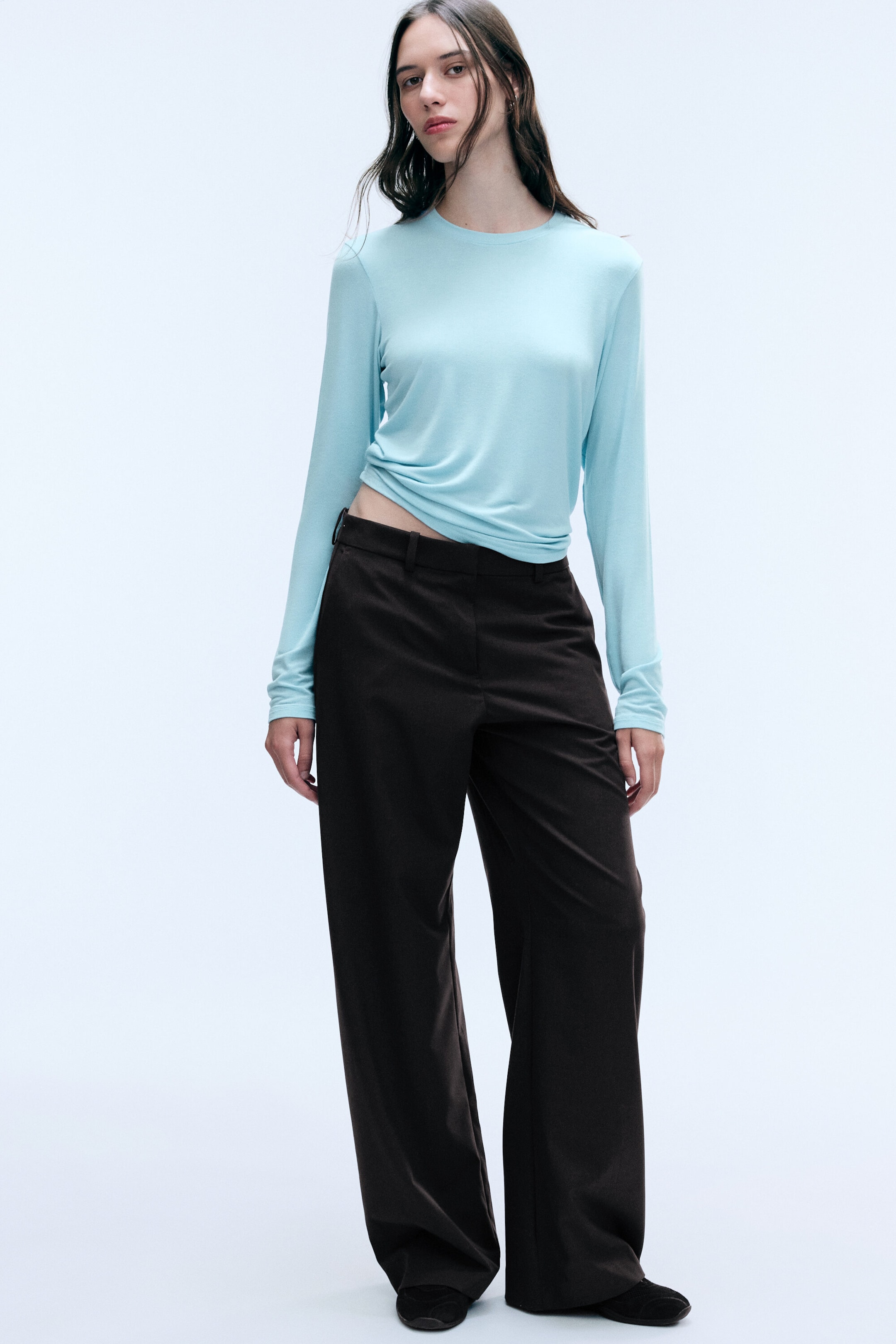 Dark Brown - Low-Waisted Loose Fit Suit Trousers - 0