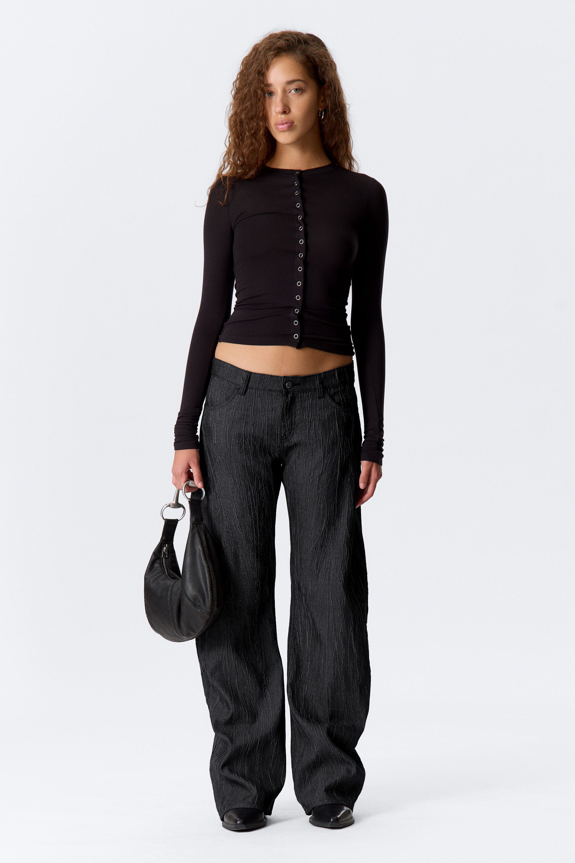 Dark Blue - Crinkled Low Rise Cocoon Trousers - 1