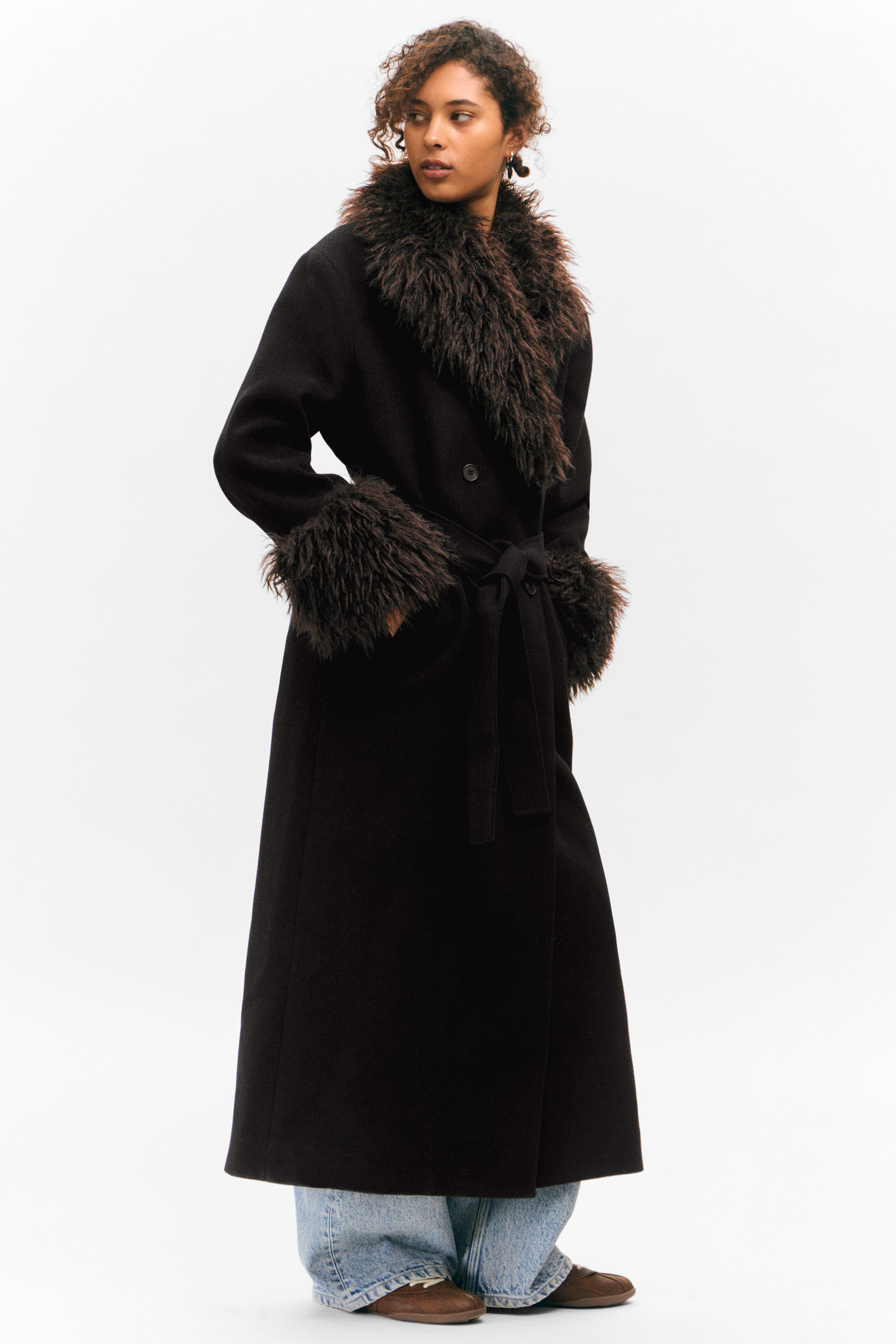 Black - Brown Faux Fur - Long Oversized Coat with Faux-Fur Trims - 2