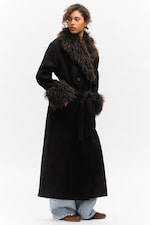 Schwarz - Braunes Kunstfell - Langer Oversize-Mantel mit Kunstpelzbesatz - 4