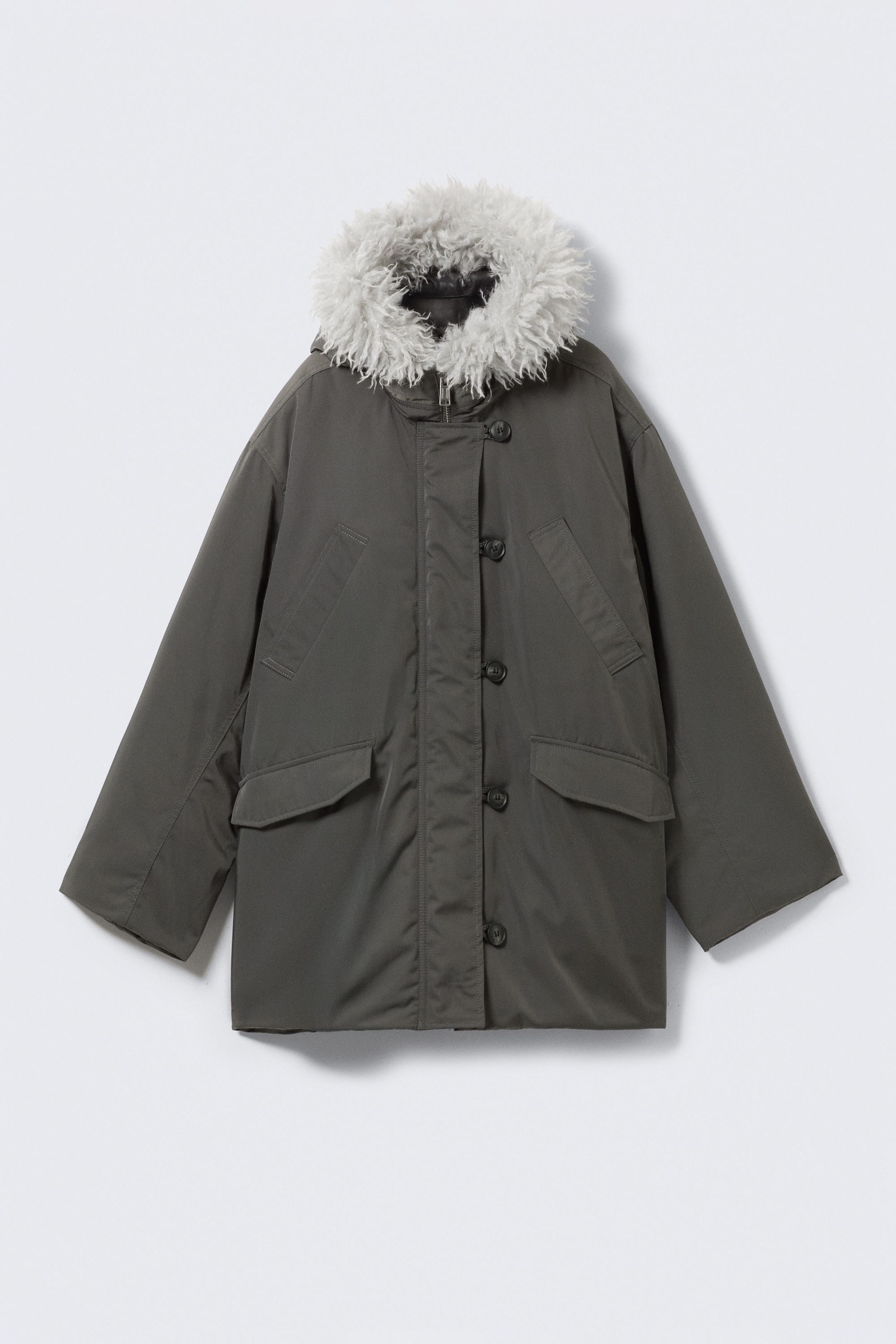 Dark Grey - Padded Bomber Parka with Faux Fur Trim - 5