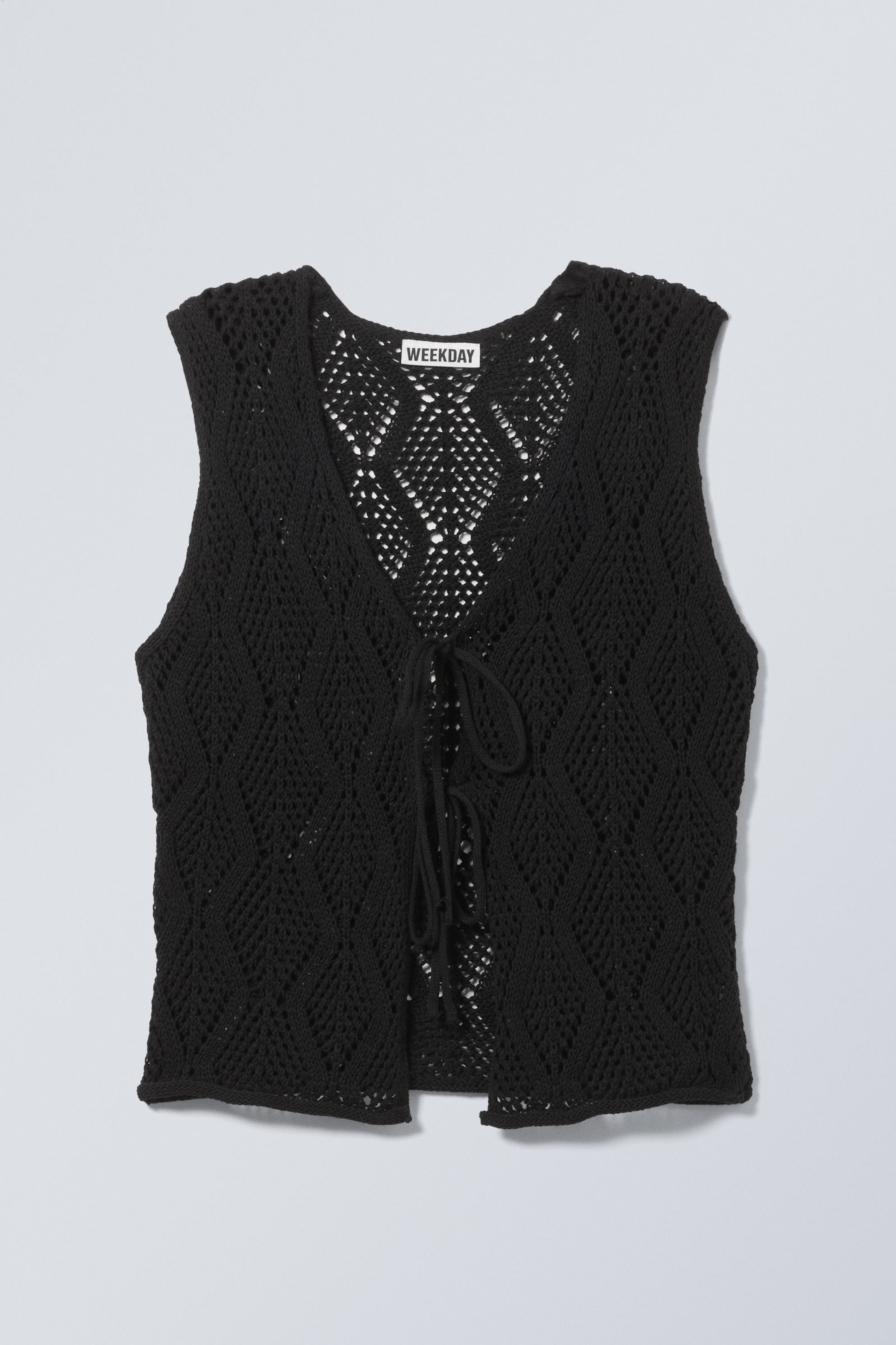 Black - Crochet Knit Tie Vest - 1