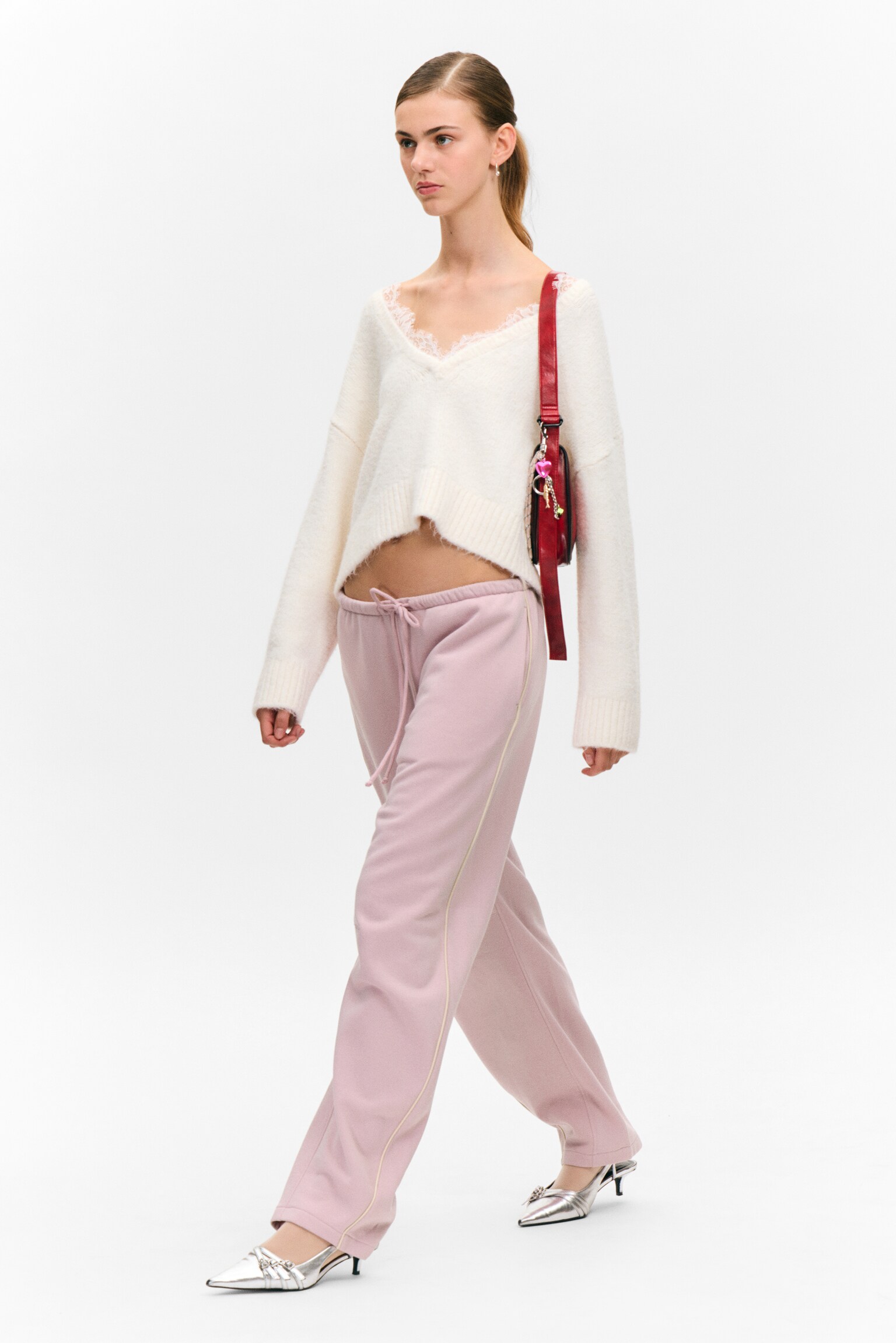 Low Rise Barrel Leg Sweatpants - Light Dusty Pink/Dark Brown - 3