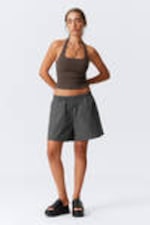 Checked Dark Mole - Low Rise Cotton Shorts - 0
