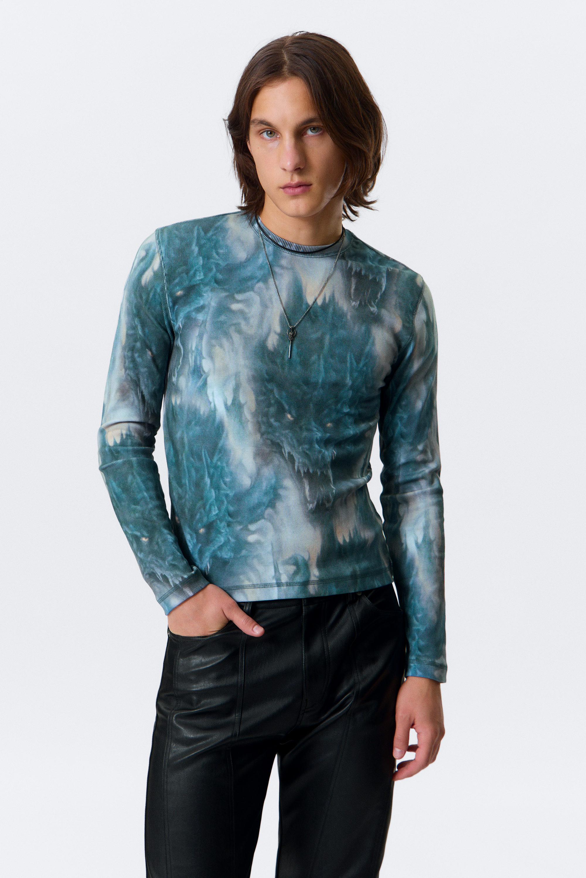 Grey & Blue Dragon Print - Ribbed Long-Sleeved T-shirt - 1