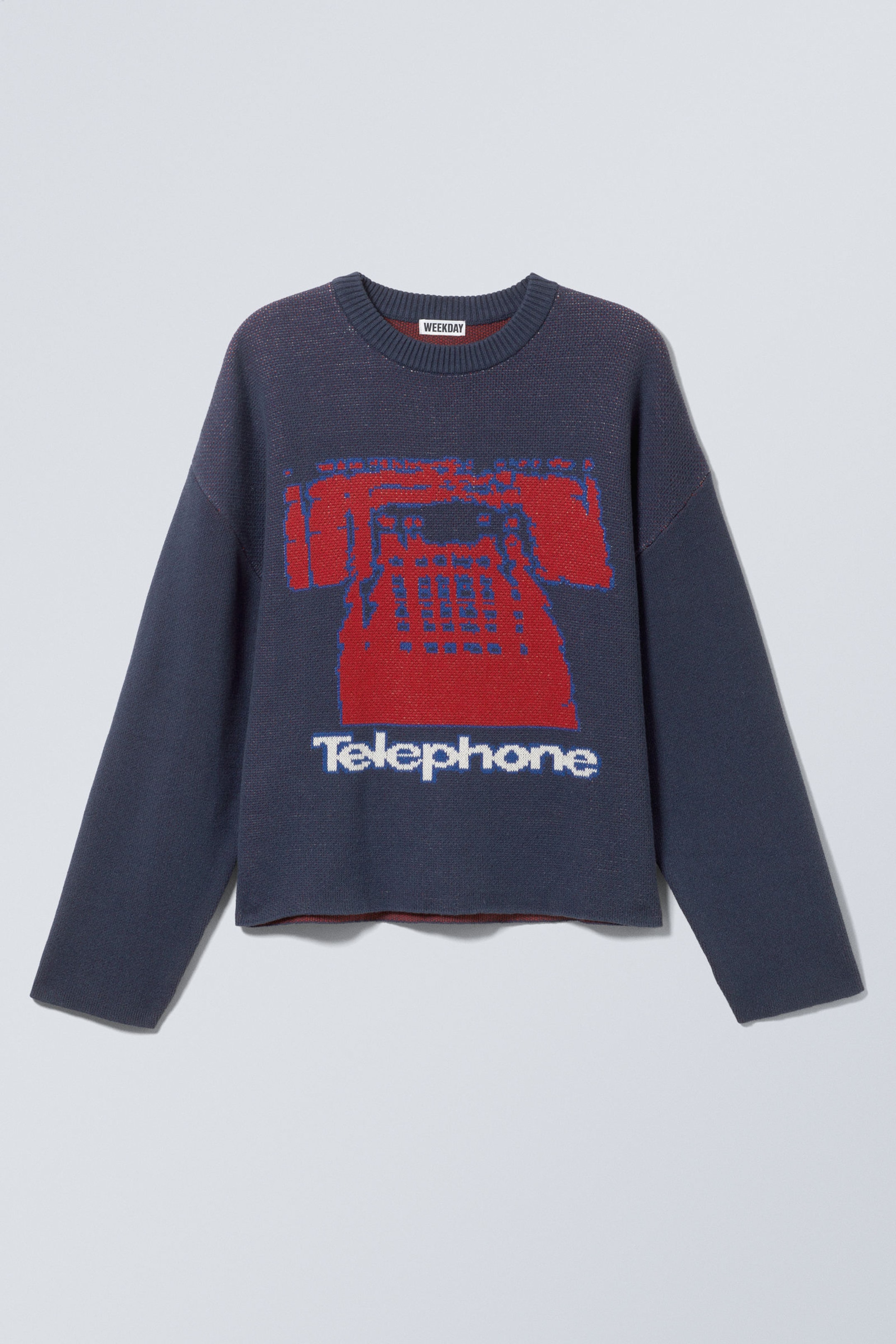 Mörkblå - Telefon - Tunn Grafisk Bommuls-tröja - 3