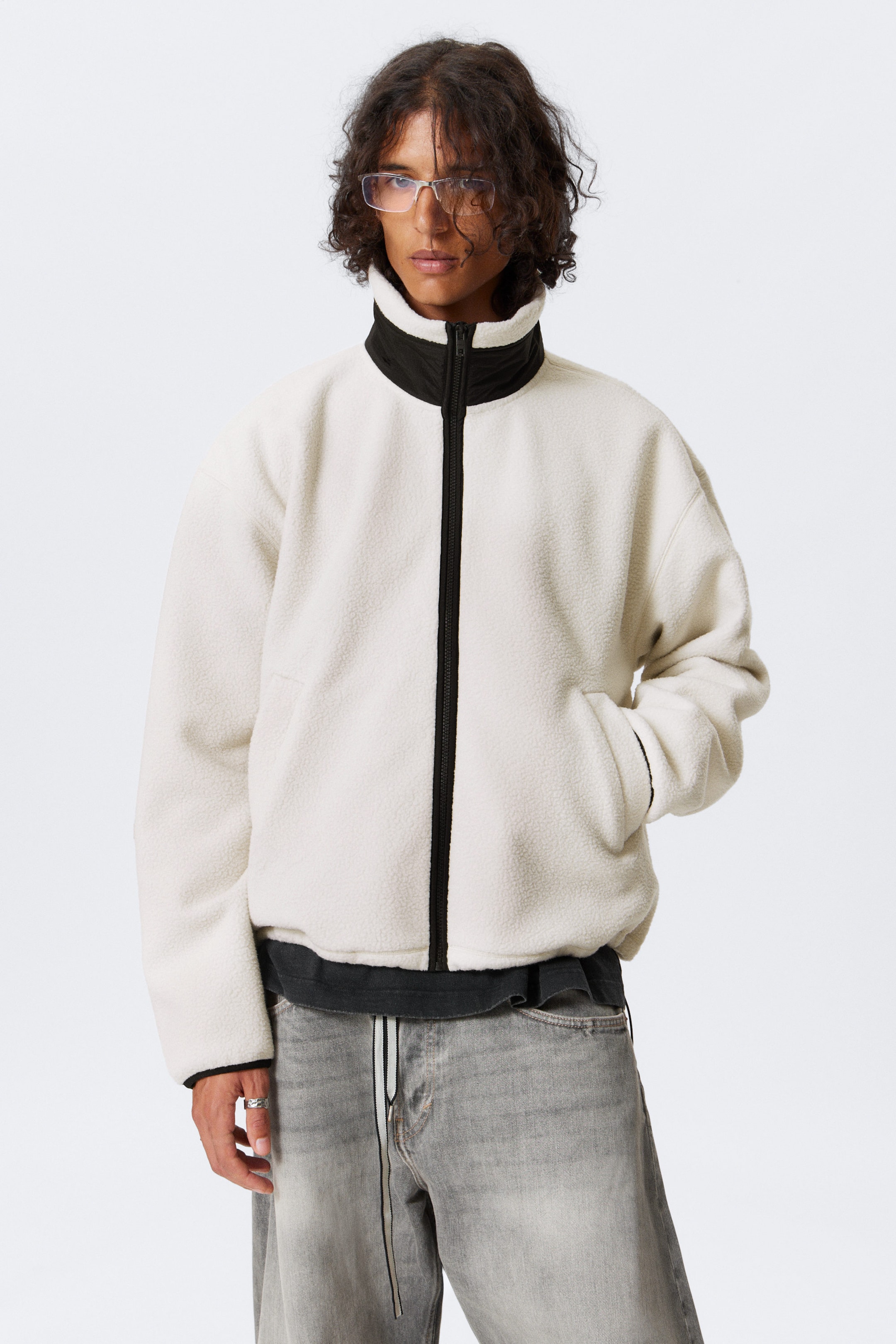 White - Loose Fit Zip Fleece Jacket - 2