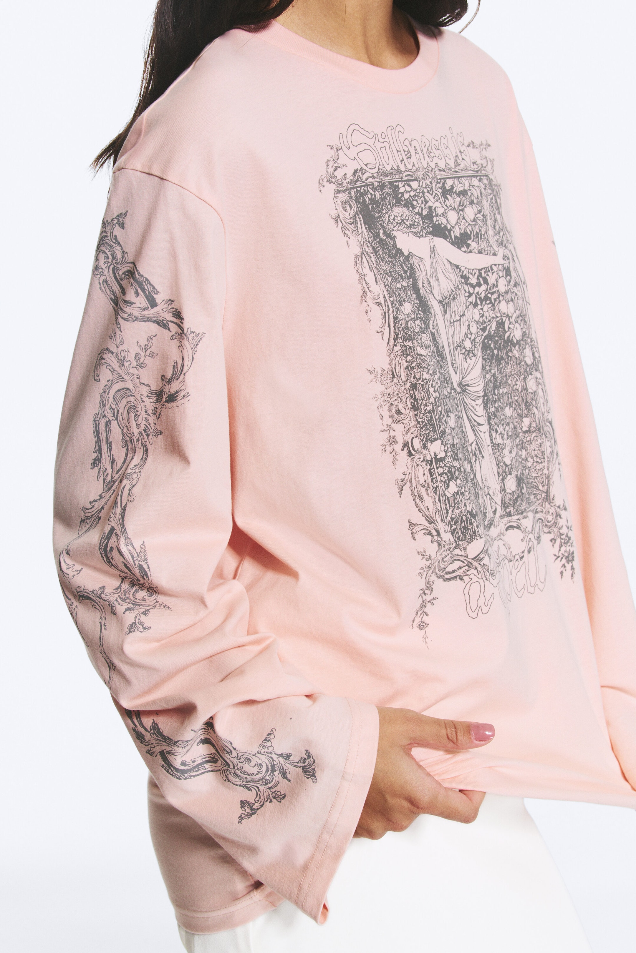 Printed Light Pink - Printed Long-Sleeved Cotton T-shirt - 2