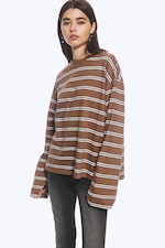 Brown/White Stripe - Long-Sleeved Cotton T-shirt - 0