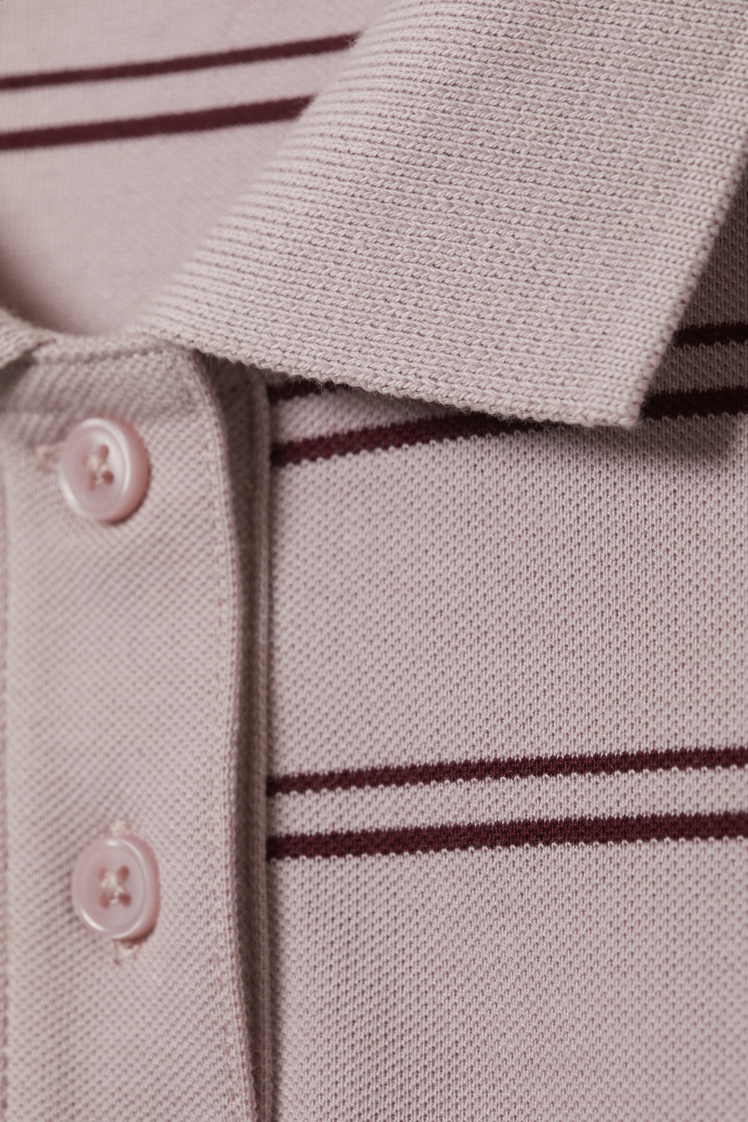 Long-Sleeved Cotton Polo Top - Striped Light Pink/White - Black Dots - 4