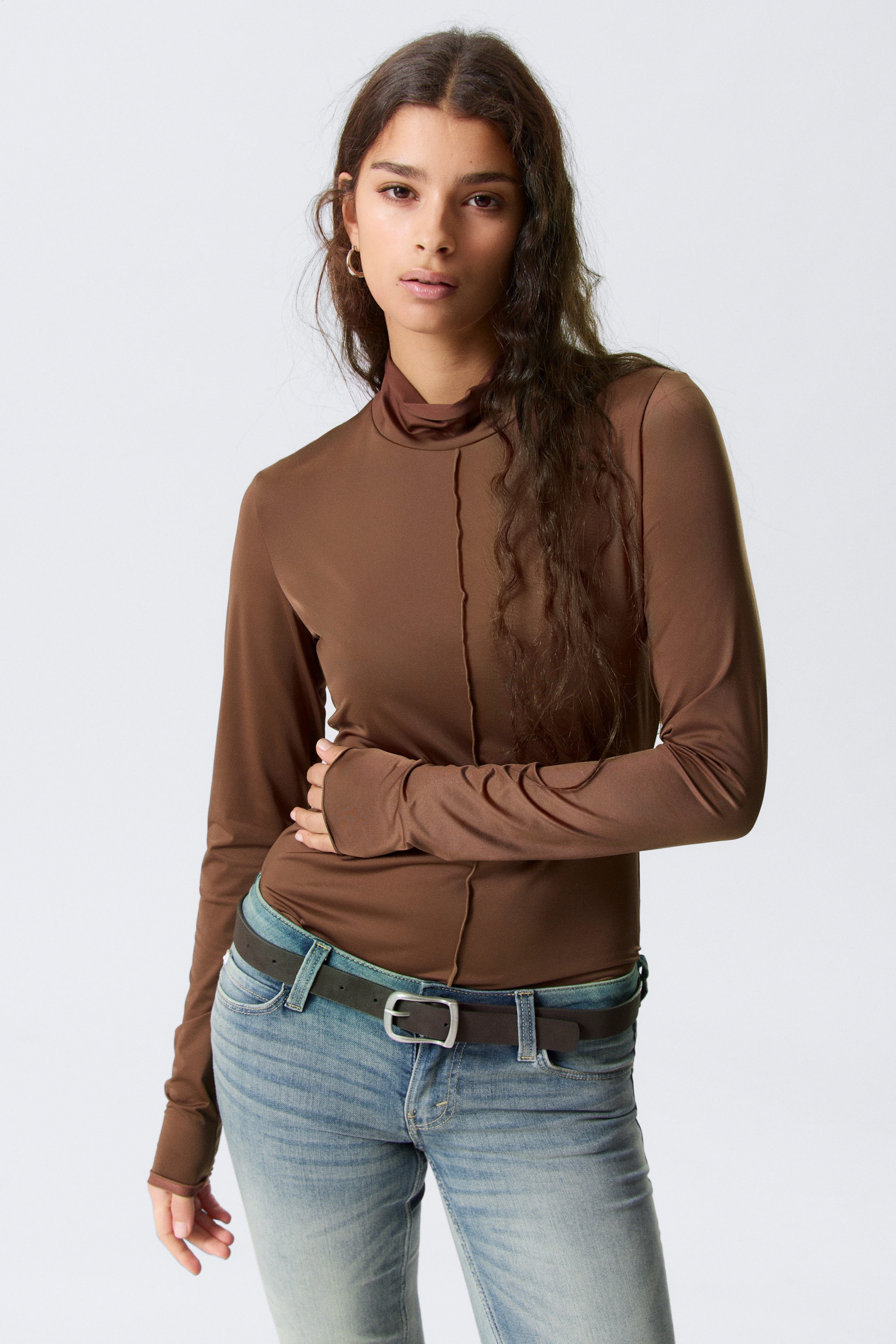 Brown - Fitted Turtleneck Top - 1