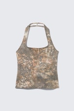 Khaki Green Print - Printed Square Neck Halter Top - 0