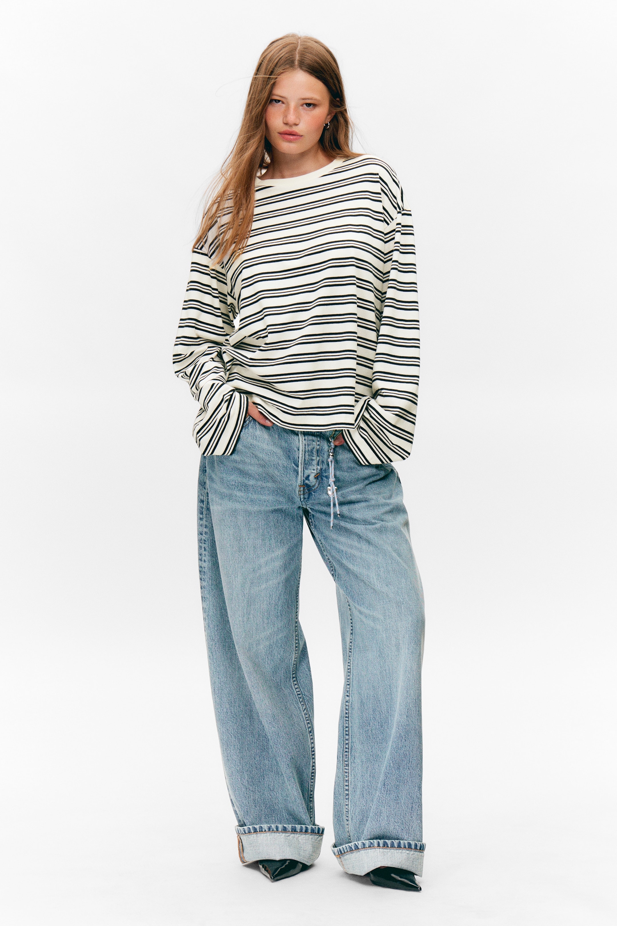 Ver imagen más grande: Camiseta de algodón de manga larga - Blanco - Rayas negras - MUJER | H&M ES 1