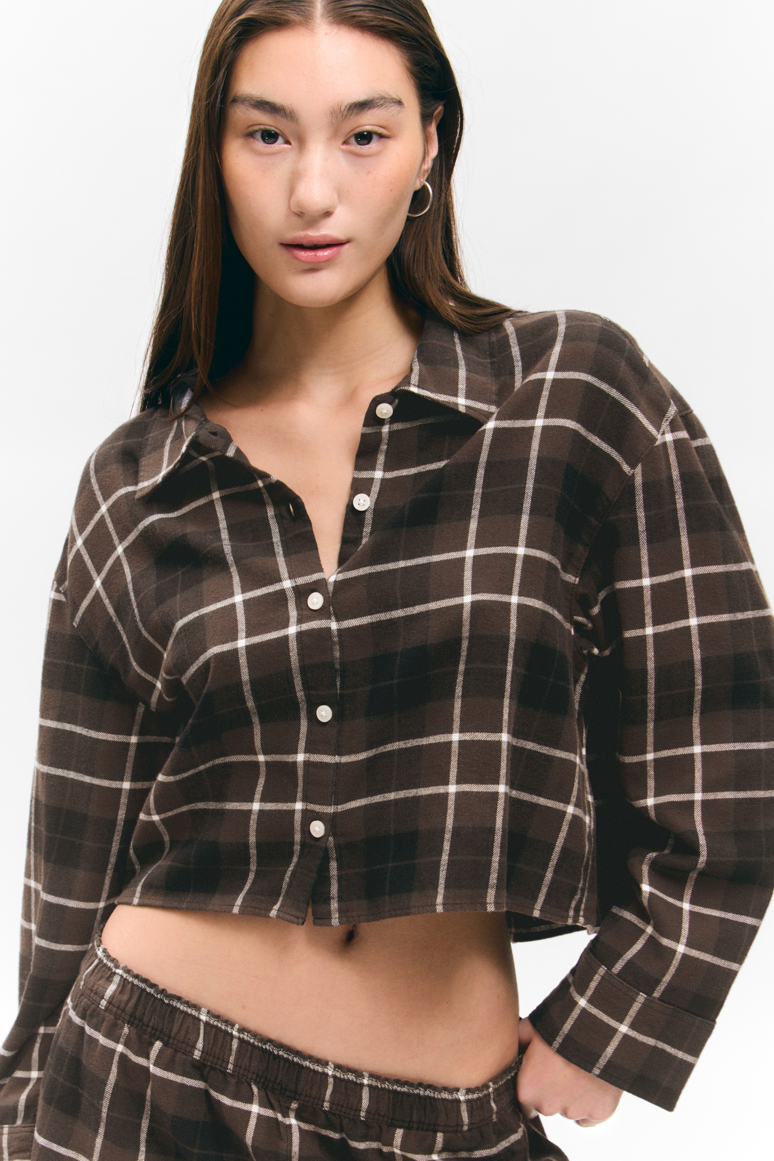 Cropped Checked Flannel Shirt - Checked Brown/Purple Check