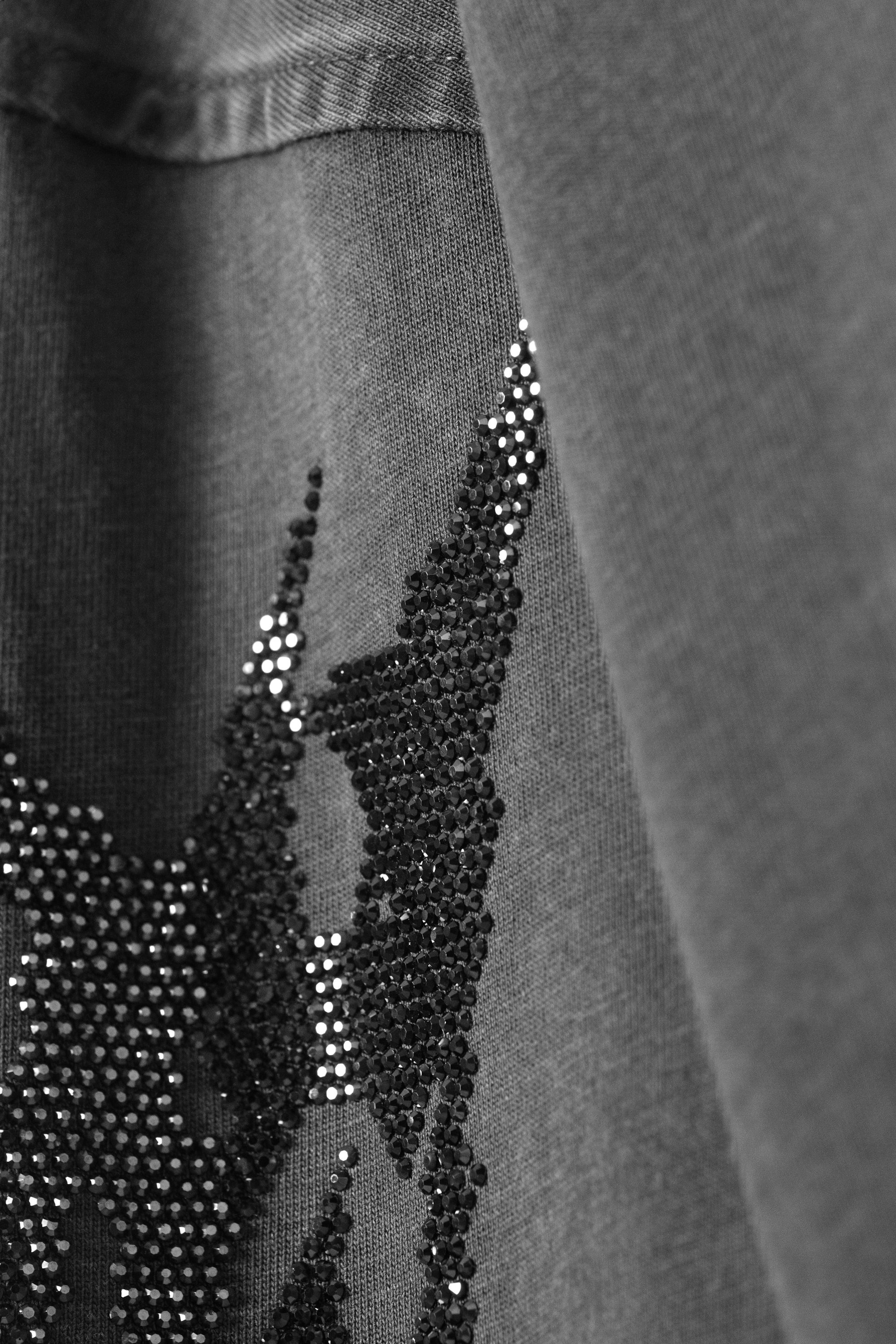 Dark Grey - Oversized Long-Sleeved Rhinestone T-shirt - 5