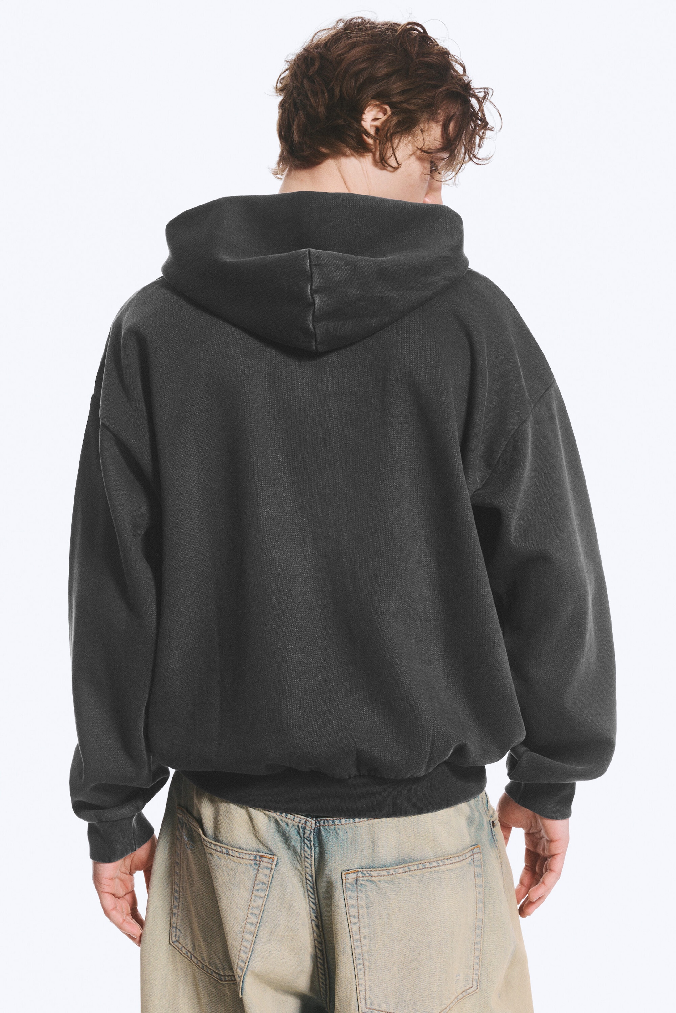 Noir délavé - Sweat à capuche zippé ample graphique - 3