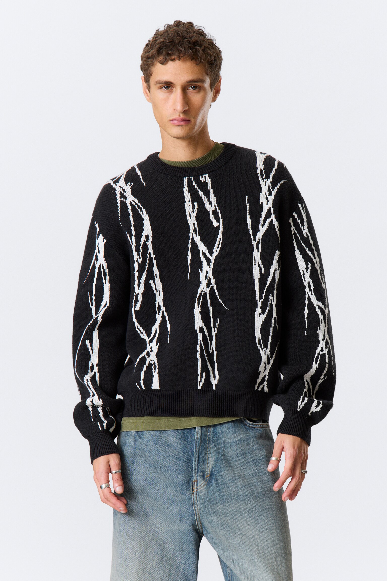 Regular Jacquard Knitted Graphic Sweater - Fekete - Iced Veins/Fekete - Kék Spray