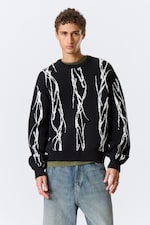 Black - Iced Veins - Regular Jacquard Knitted Graphic Sweater - 0