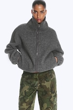Dark Grey Melange - Funnel neck pile jacket - 0