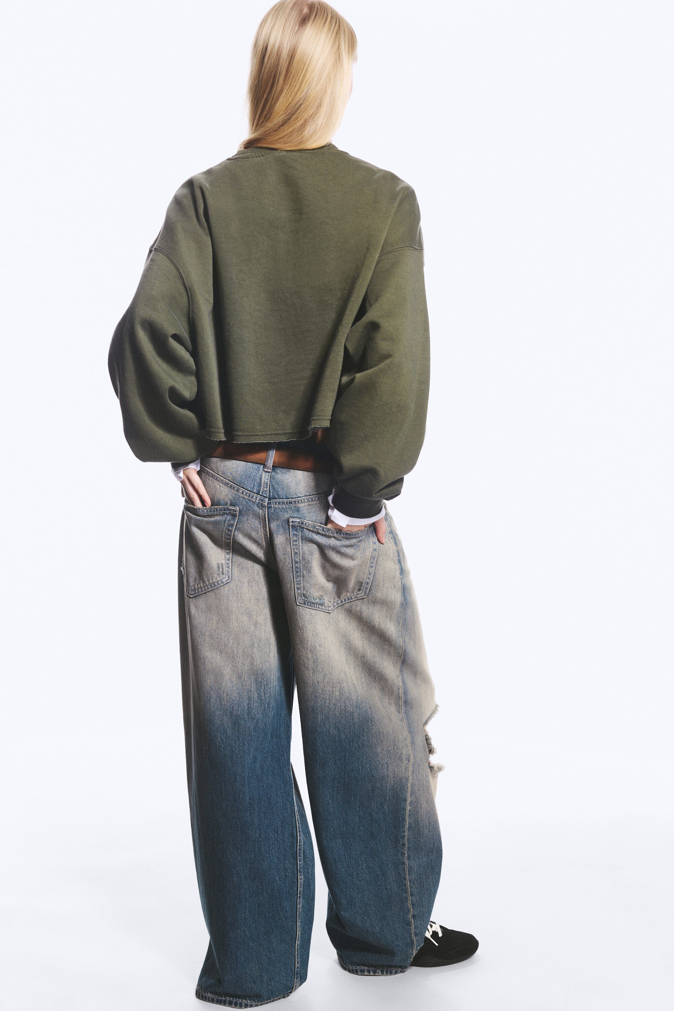 Washed Dark Khaki Green - Cropped Oversized Sweatshirt - 2