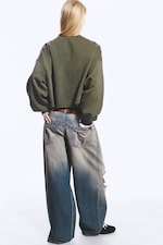 Washed Dark Khaki Green - Cropped Oversized Sweatshirt - 2