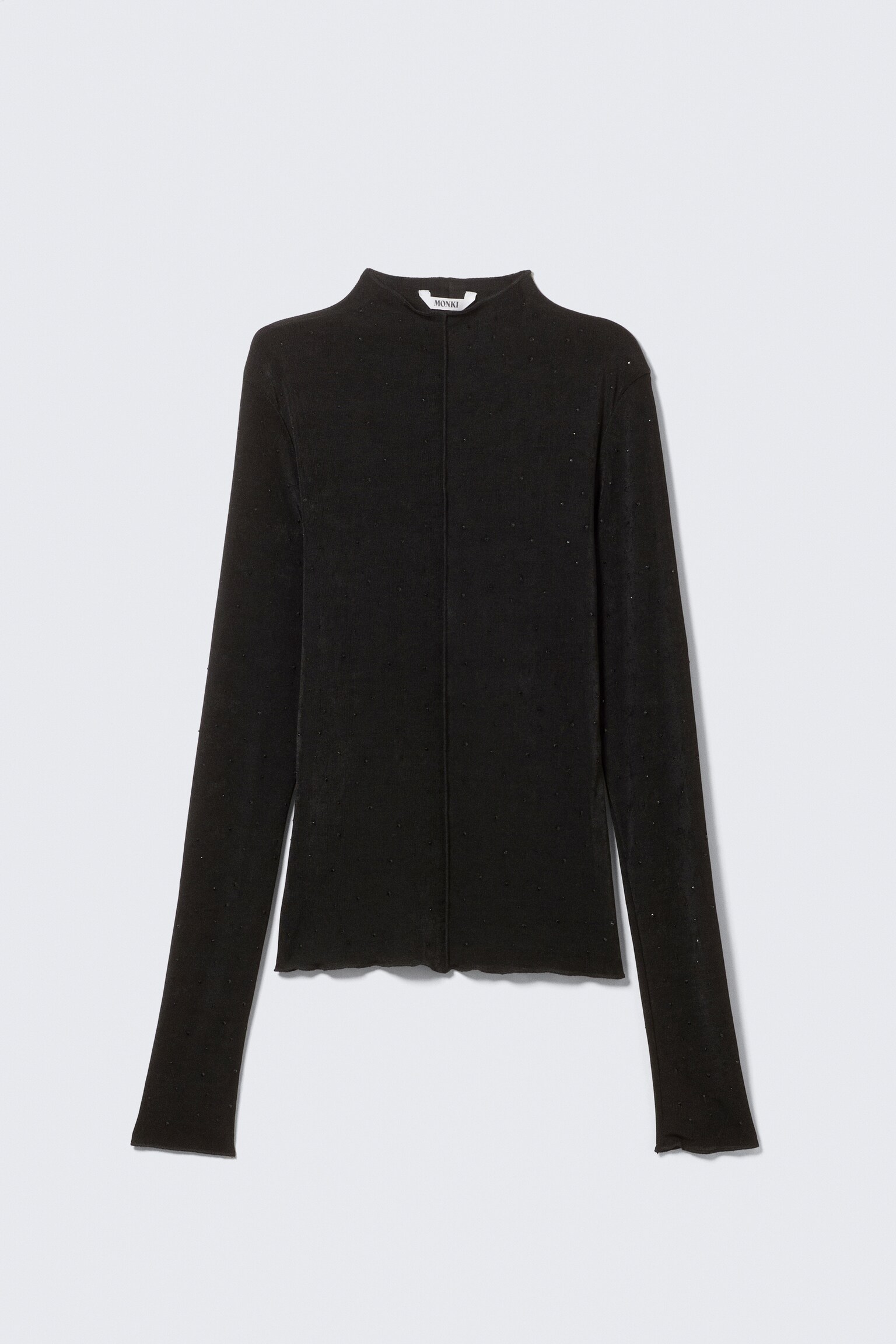 Long-Sleeved Rhinestone Mock-Neck Top - Black - Rhinestones - 2