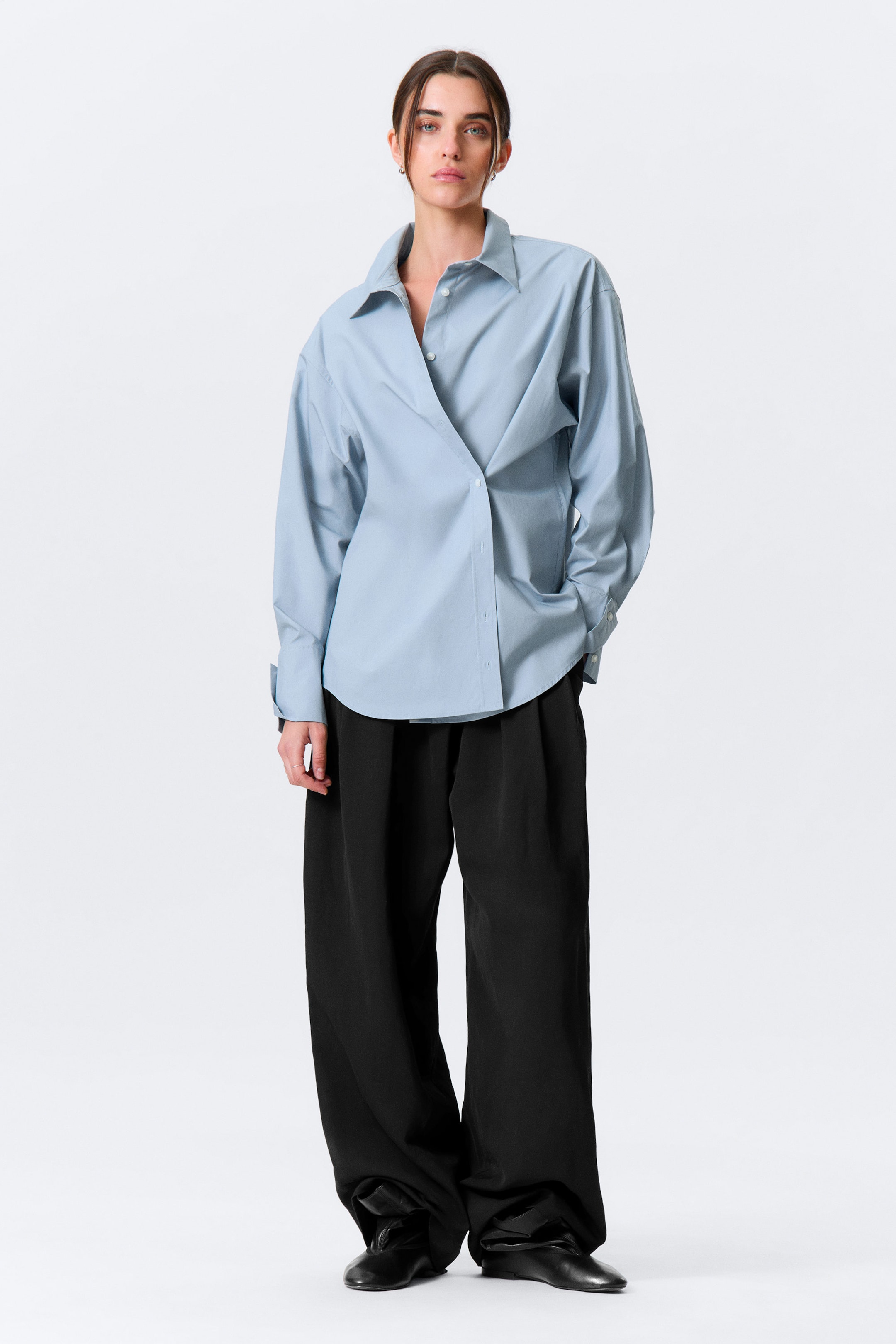 Light Blue - Cross-Buttoned Long-Sleeved Cotton Shirt - 1