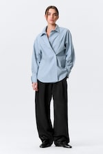 Light Blue - Cross-Buttoned Long-Sleeved Cotton Shirt - 0