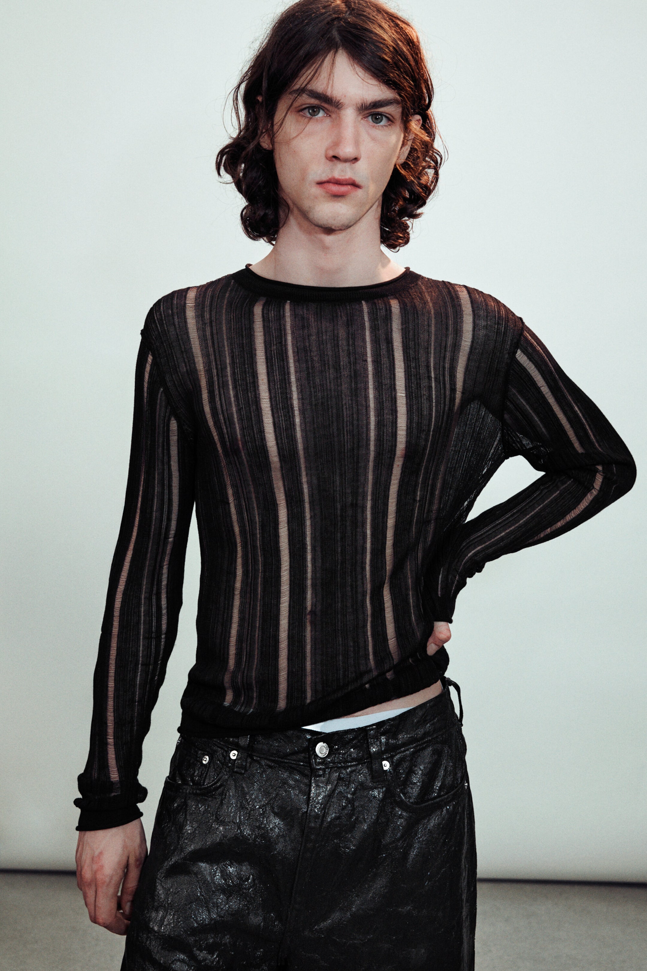 Black - Slim Tear-Knit Long-Sleeved T-shirt - 1