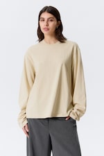 Light Beige - Long-Sleeved Boxy Cotton T-shirt - 0