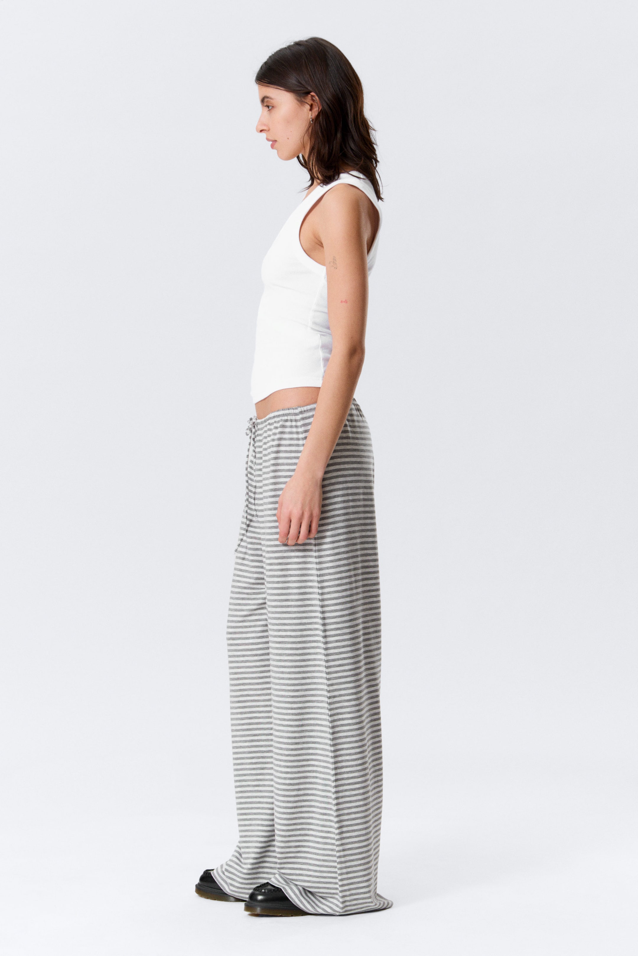 White - Grey Stripes - Mid Rise Loose Wide Leg Lyocell Trousers - 2