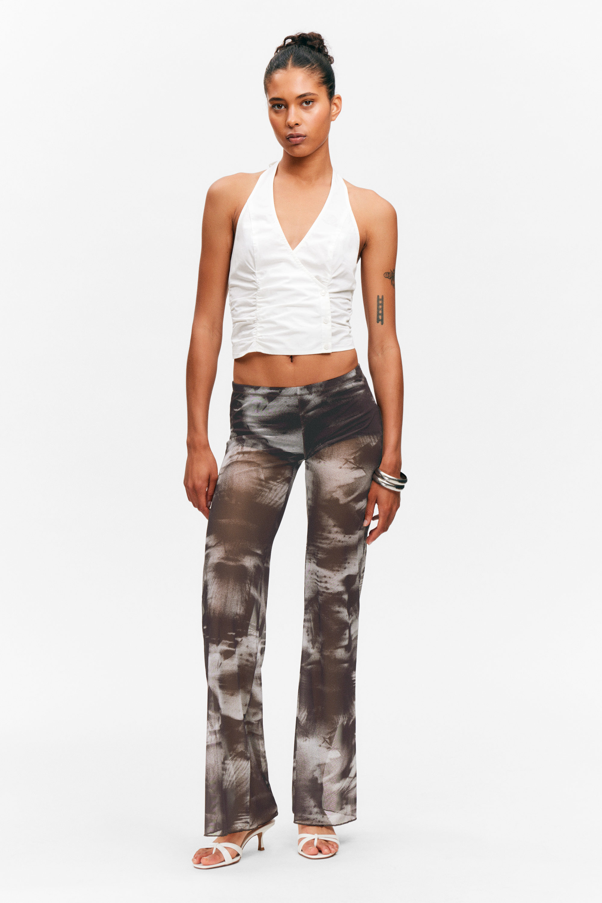 Dark Brown - Blurry Floral - Flared Printed Mesh Trousers - 1