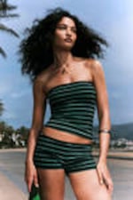 Black & Green Stripes - Striped Mid-Rise Jersey Hot Pants - 1