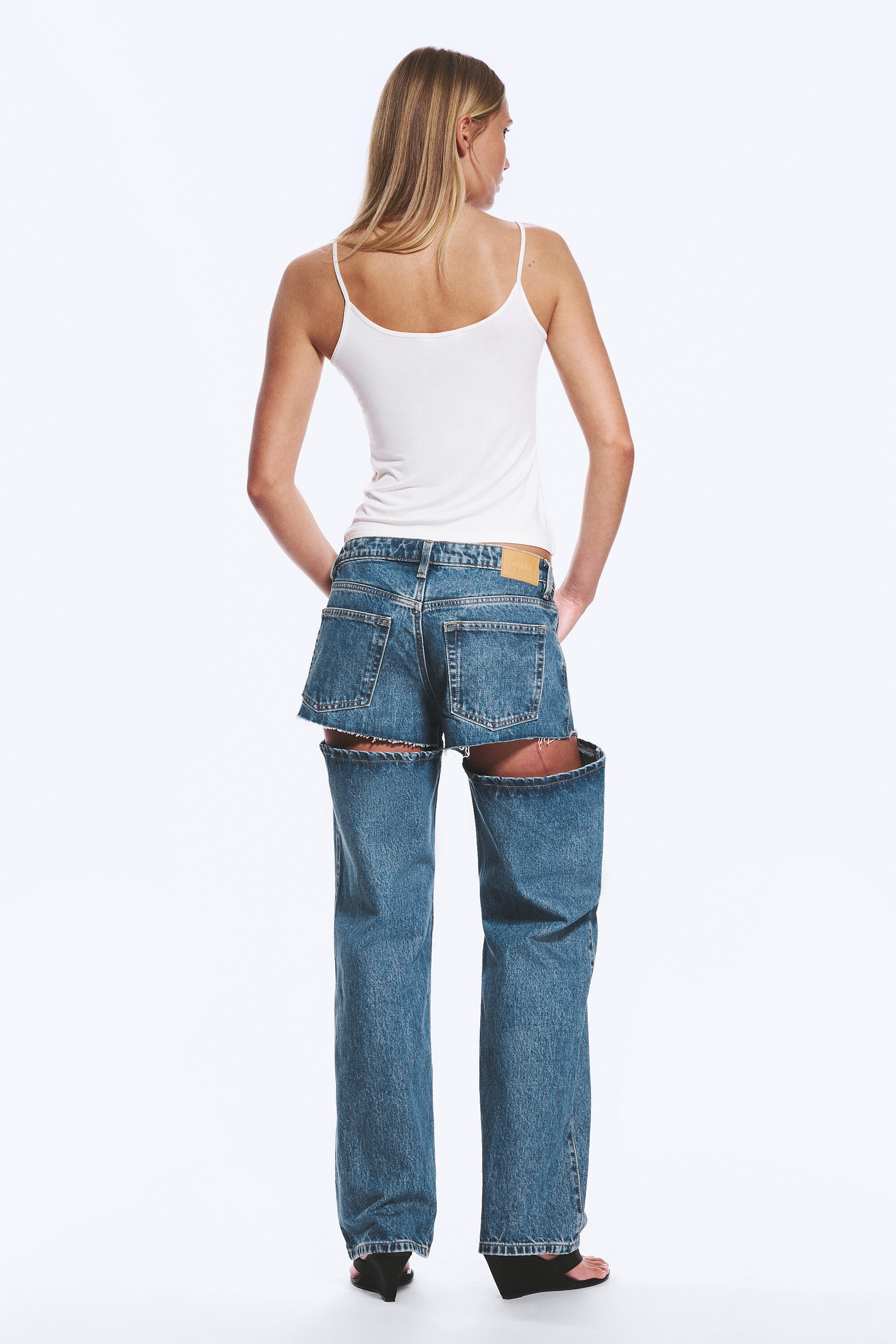 Medium Blue - Imoo Cut Low Rise Loose Wide Leg Jeans - 4