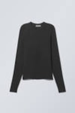 Dark Grey - Sheer Ribbed Long Sleeve Top - 0