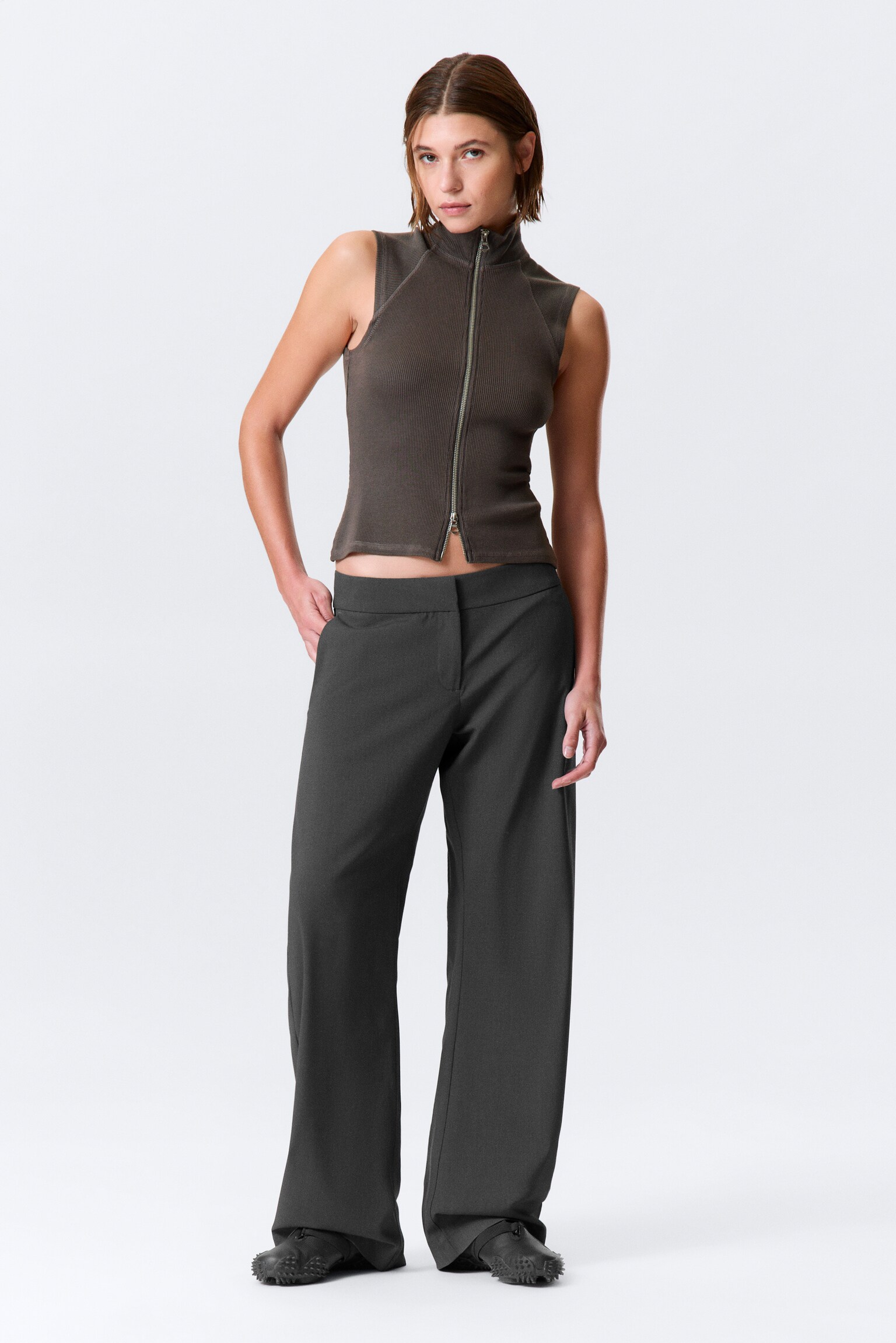 Ribbed Mock Neck Zip Top - Gri Închis/Negru - 6