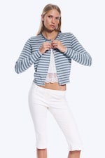 Blårandig - Finstickad cardigan i bomull - 0