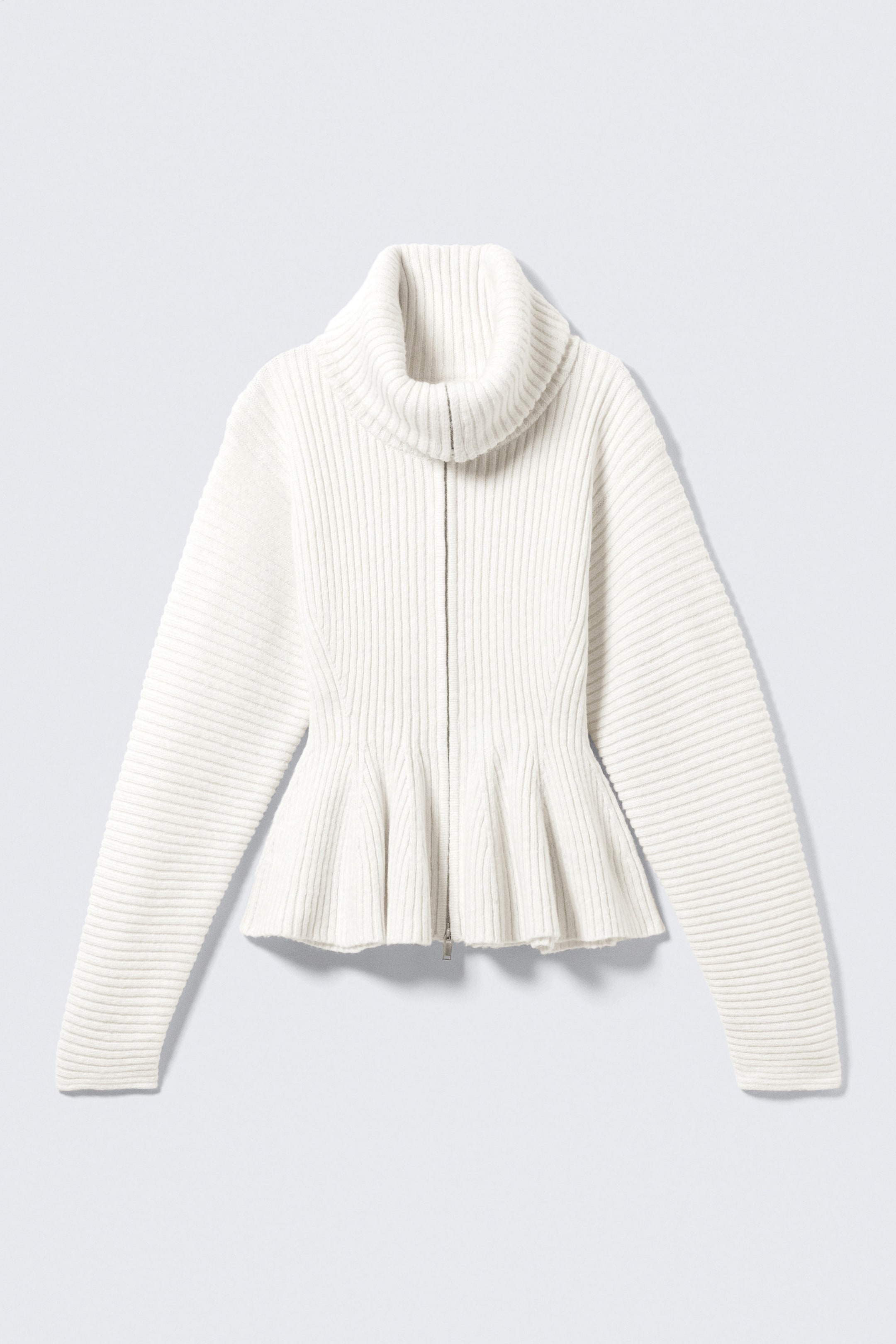 White - Rib Knit Peplum Zip Sweater - 4