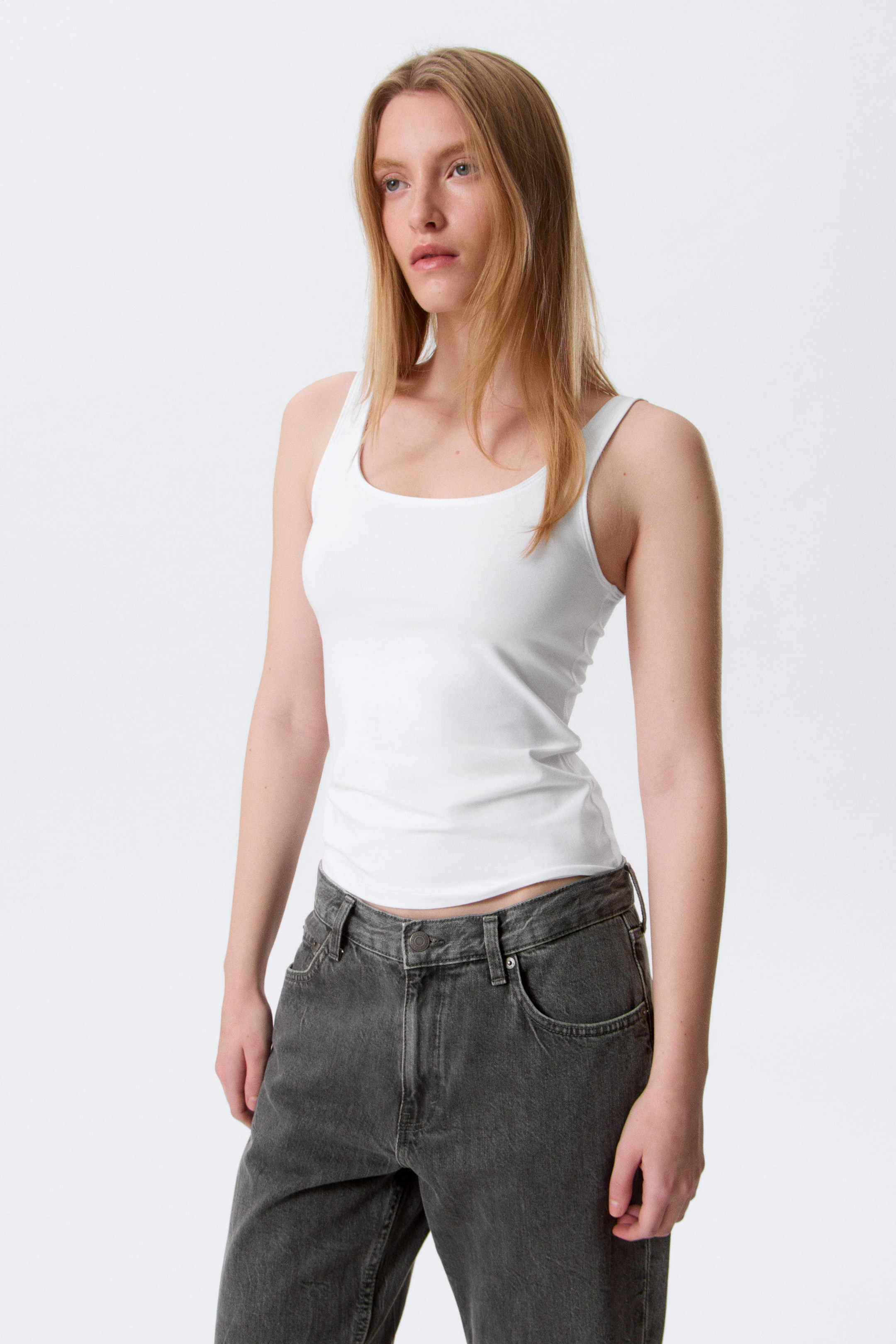 White - Fitted Square Neck Tank Top - 0