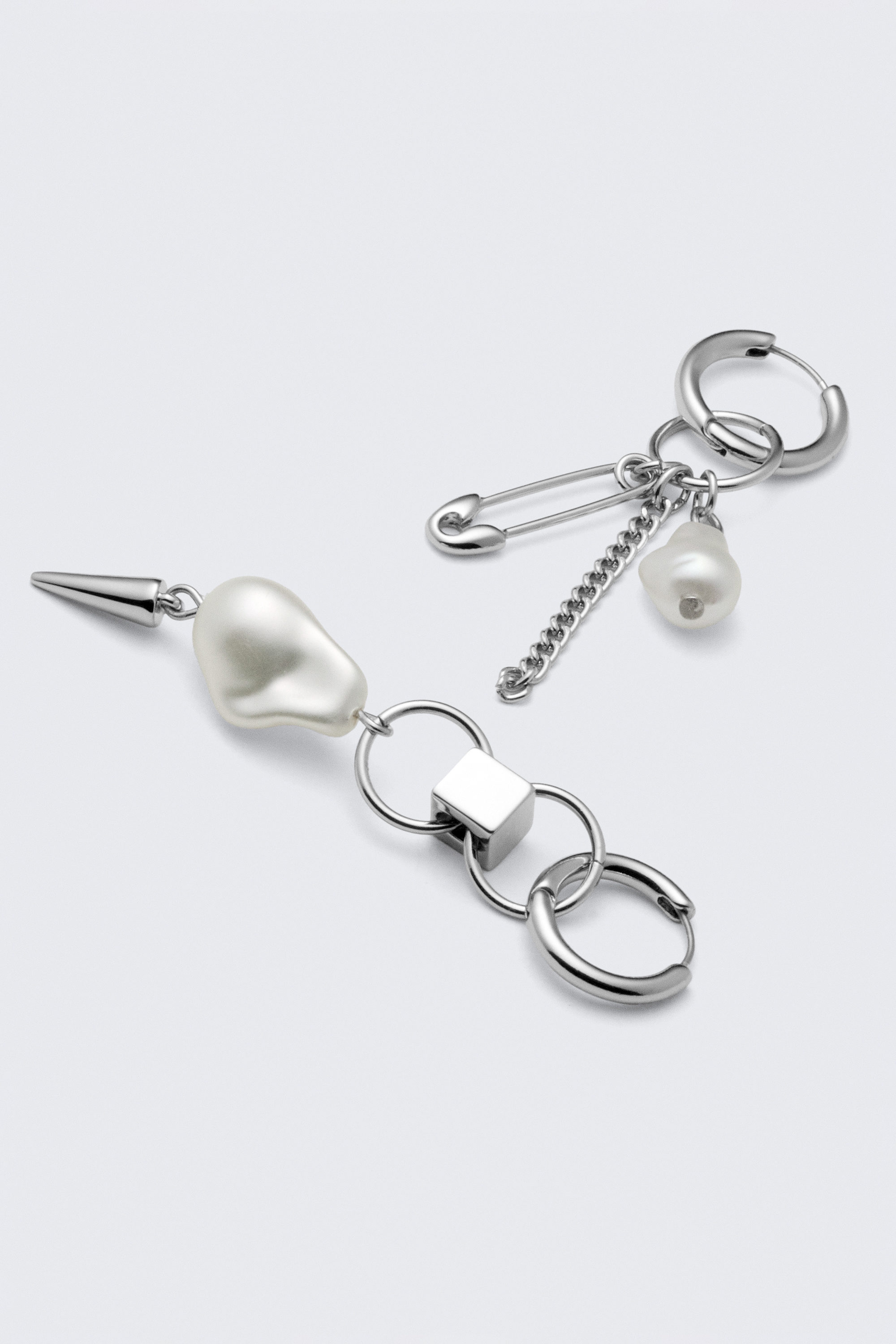 Silver - Asymmetric Pearl Hoop Earrings - 1