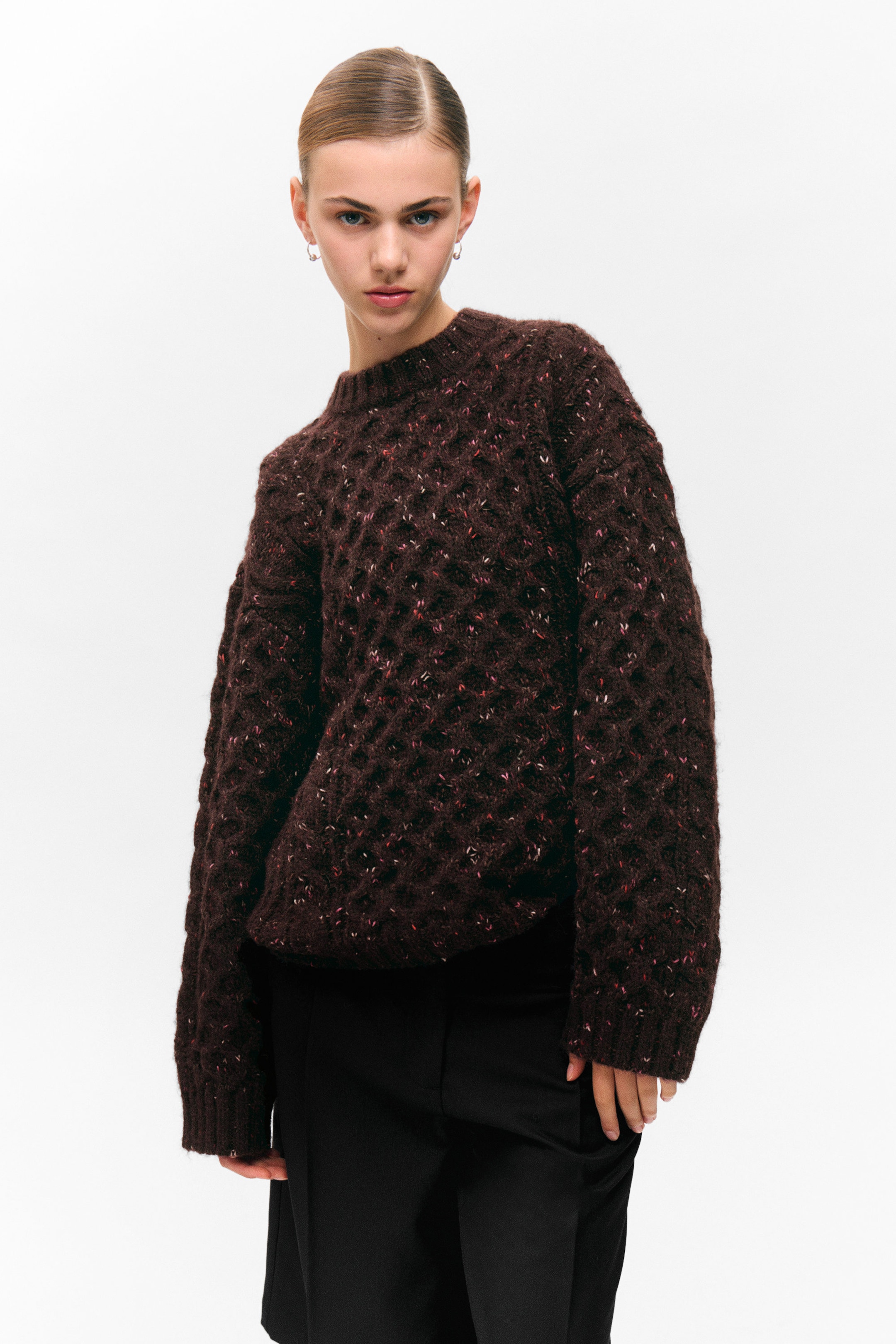 Dark Purple - Pink Neps - Long Cable Knit Textured Sweater - 2