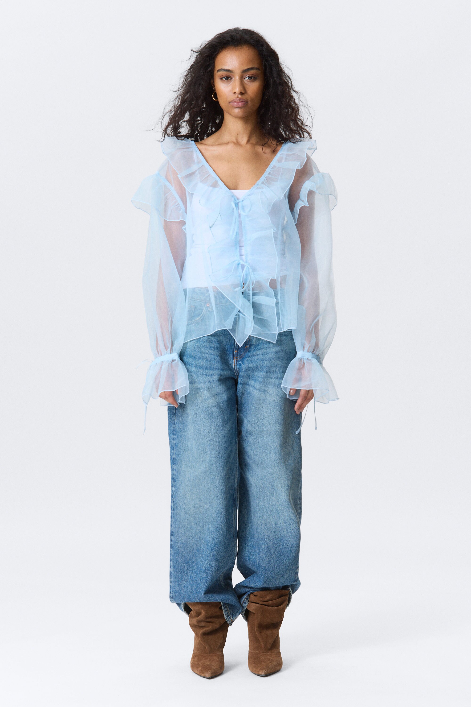 flared frill-sleeved tie-neck blouse - White | Monki EU