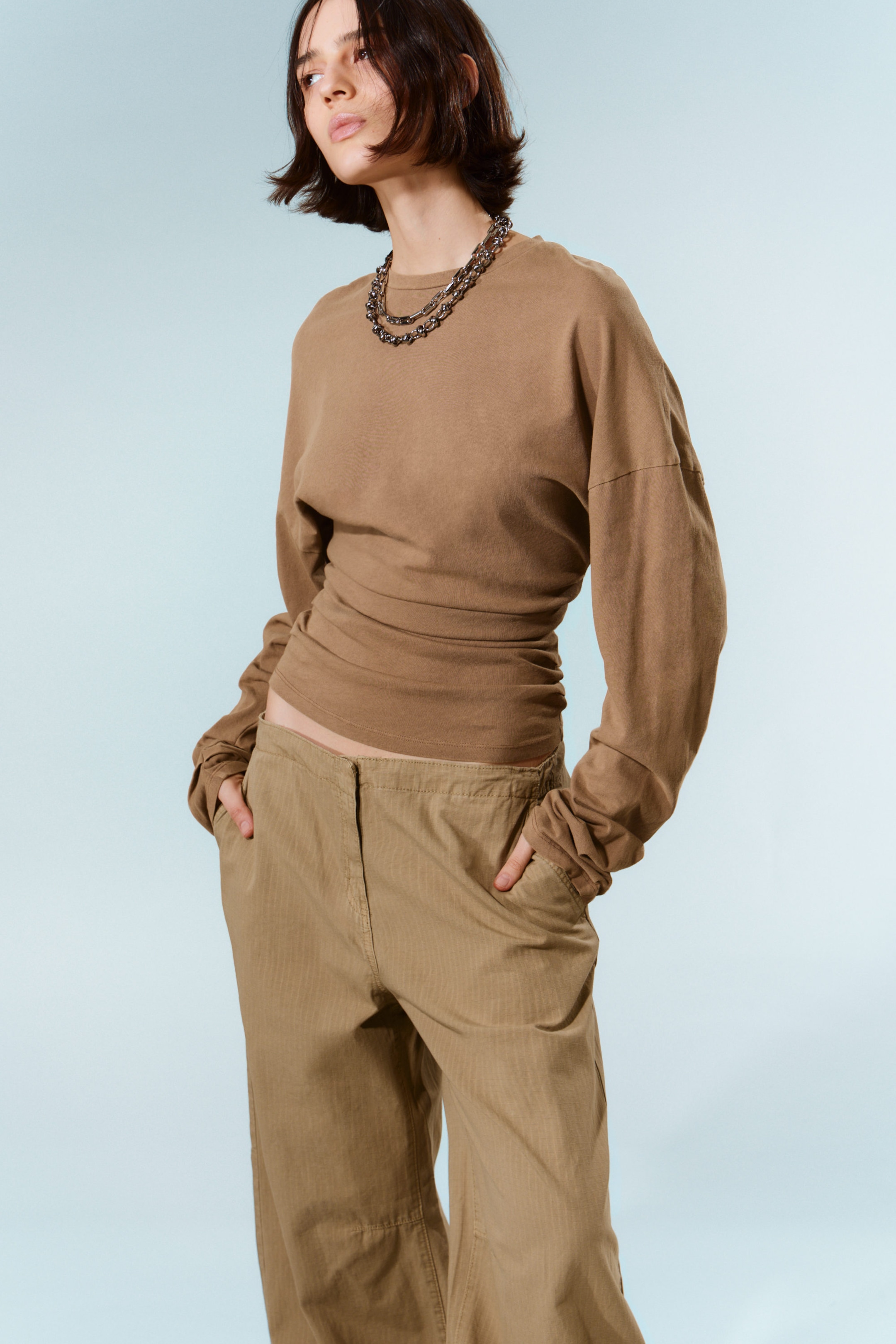 Dark Beige - Pleated Long-Sleeved Top - 1