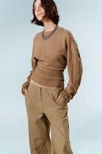 Mörkbeige - Pleated Long-Sleeved Top - 0