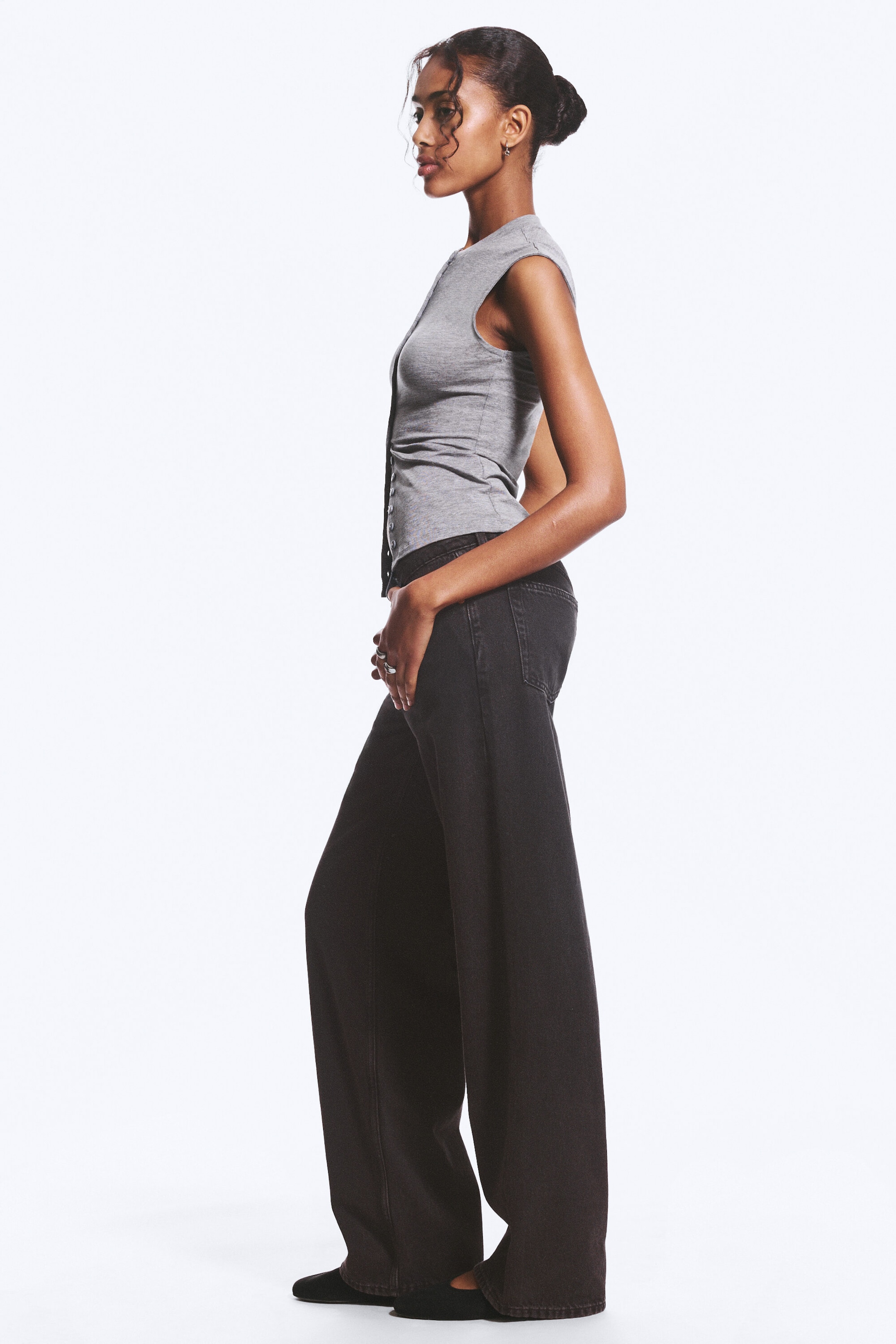 Ink Black - Black - Ample Low Rise Loose Wide Jeans - 2
