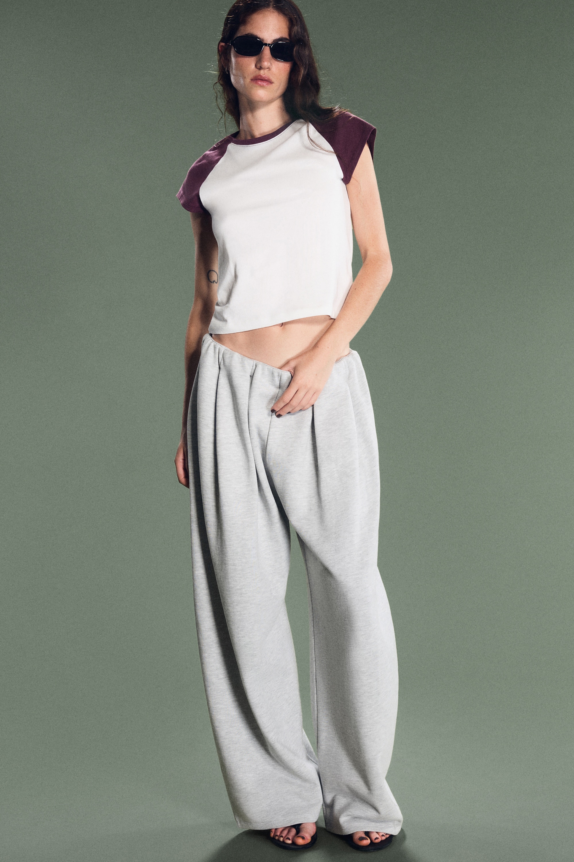 Gedrapeerde tricot broek - Licht oudgrijs gemêleerd/Zwart