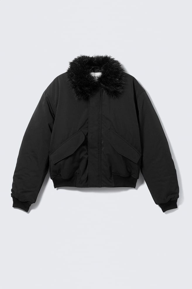 Cazadora bomber con cuello de pelo sintético - Negro - 1
